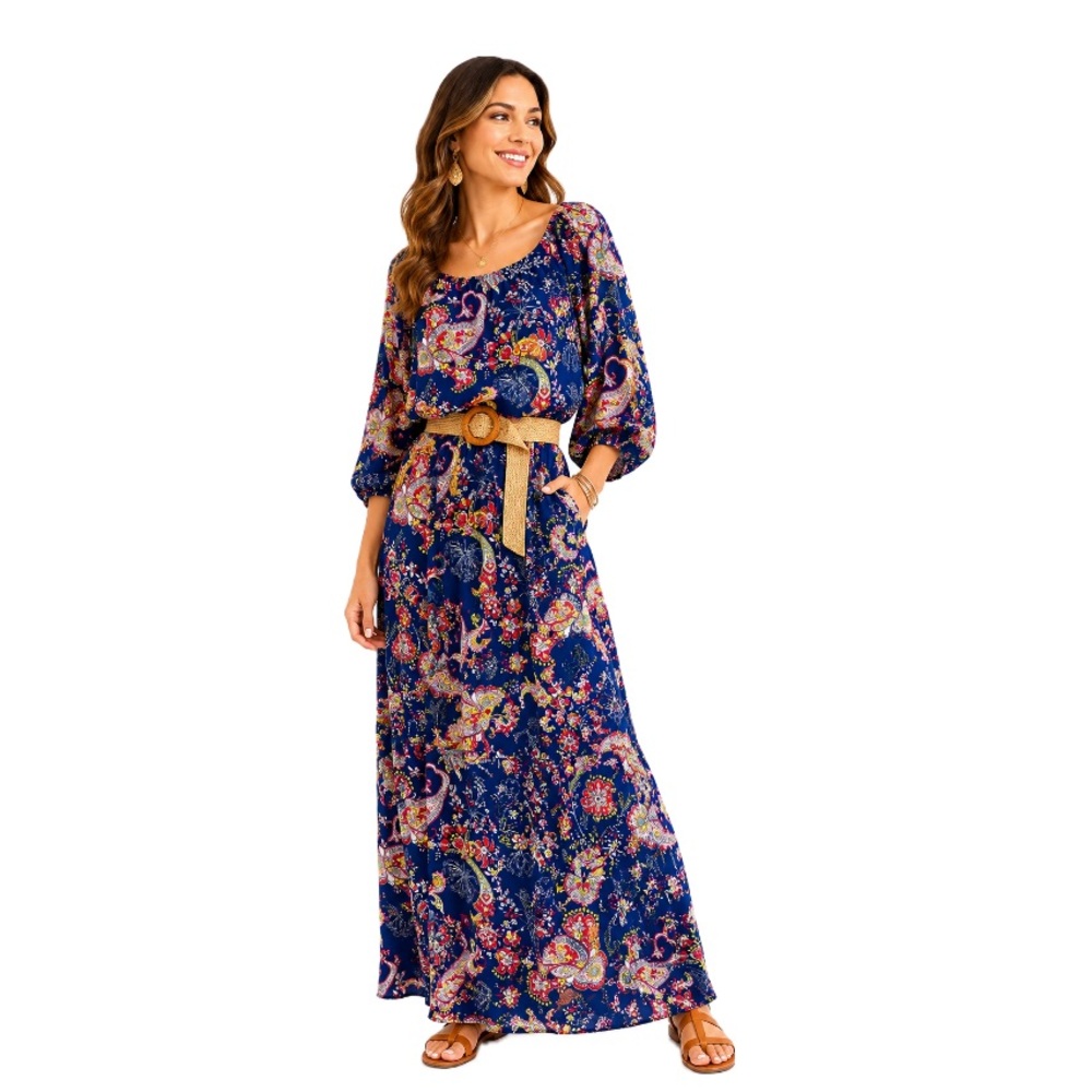 Bisou Bisou NWT Boho Floral Maxi Dress long sleeved,
Size 10